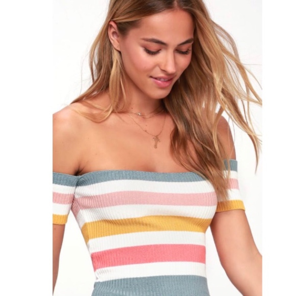 Lulu’s Striped Ribbed Off-the-Shoulder Crop Top